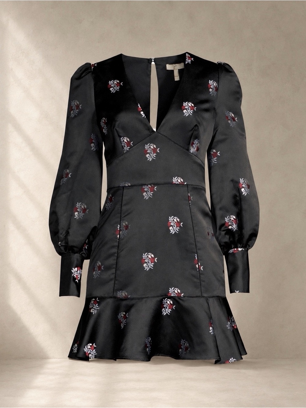 Joie Black Floral Puff Sleeve "Minia" Mini Dress